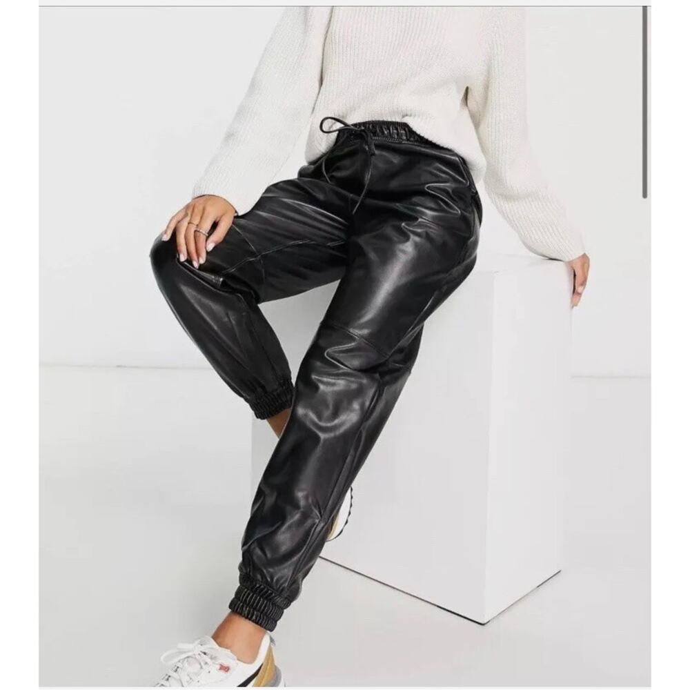 Abercrombie & Fitch Black Faux Leather Paperbag Waist Jogger Pants Large Fall